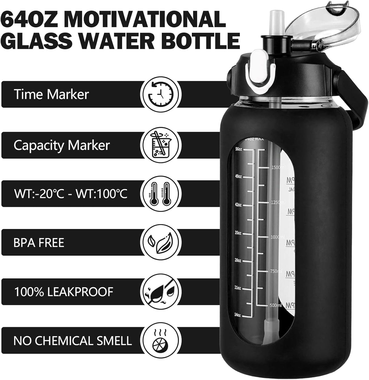 kytffu 64oz Glass Water Bottles with Straw, Half Gallon Motivational Glass Bottle with Silicone Sleeve and Time Marker, 2L Leakproof Large Glass Water Jug for Gym Home Office,Black