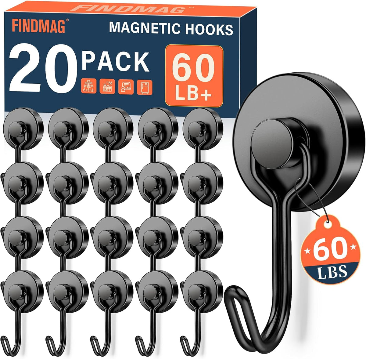 FINDMAG 20 Pack Magnetic Hooks, 60lbs+ Magnetic Hooks Heavy Duty, Strong Neodymium Magnet with Hook for Hanging, Black Magnet Hooks for Classroom, Workplace, Refrigerator, Cruise Ship Essentials