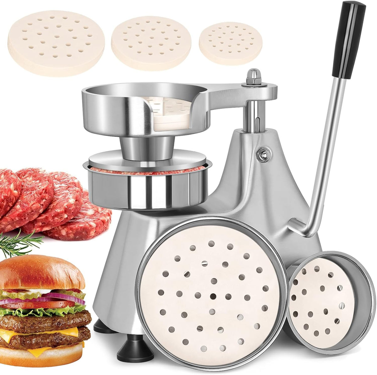 Commercial Burger Patty Maker 3 in 1 Stainless Steel Heavy Duty Hamburger Press (4/5/6-inch) Commercial Hamburger Press Patty Maker Machine with 1200 Pcs Patty Papers for Beef Pork Chicken Patty