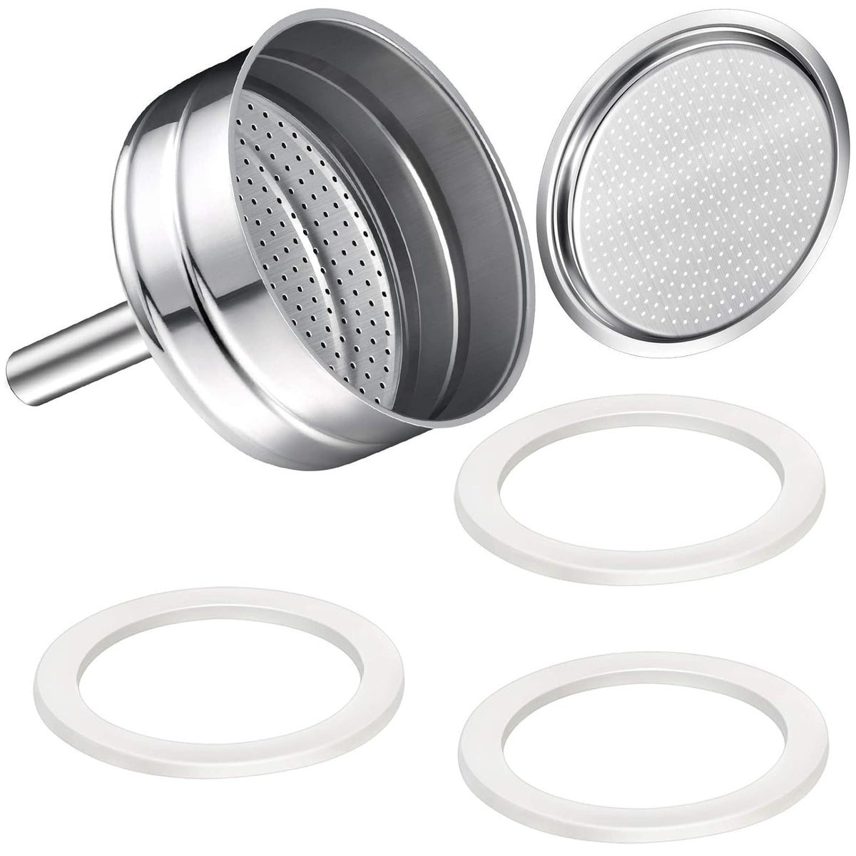 Moka Express Replacement Funnel Kit, 3 Packs Gasket Seals, 1 Stainless Steel Funnel with 1 Pack Stainless Filter (9-Cup)