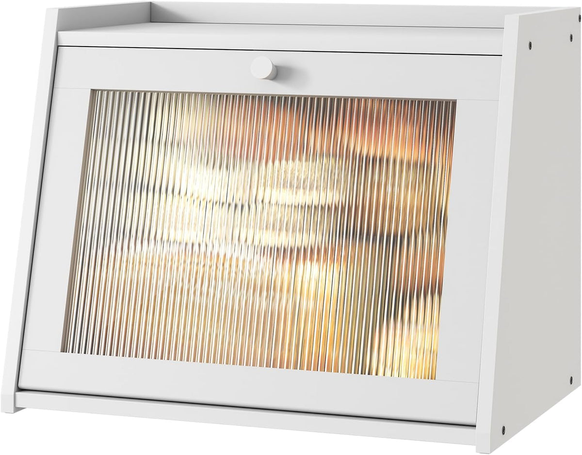 Large Bread Box for Kitchen Counter, White Bamboo Bread Storage Container with Wavy Arcylic Transparent Door, Bamboo Wooden Farmhouse Bread Box for Your House