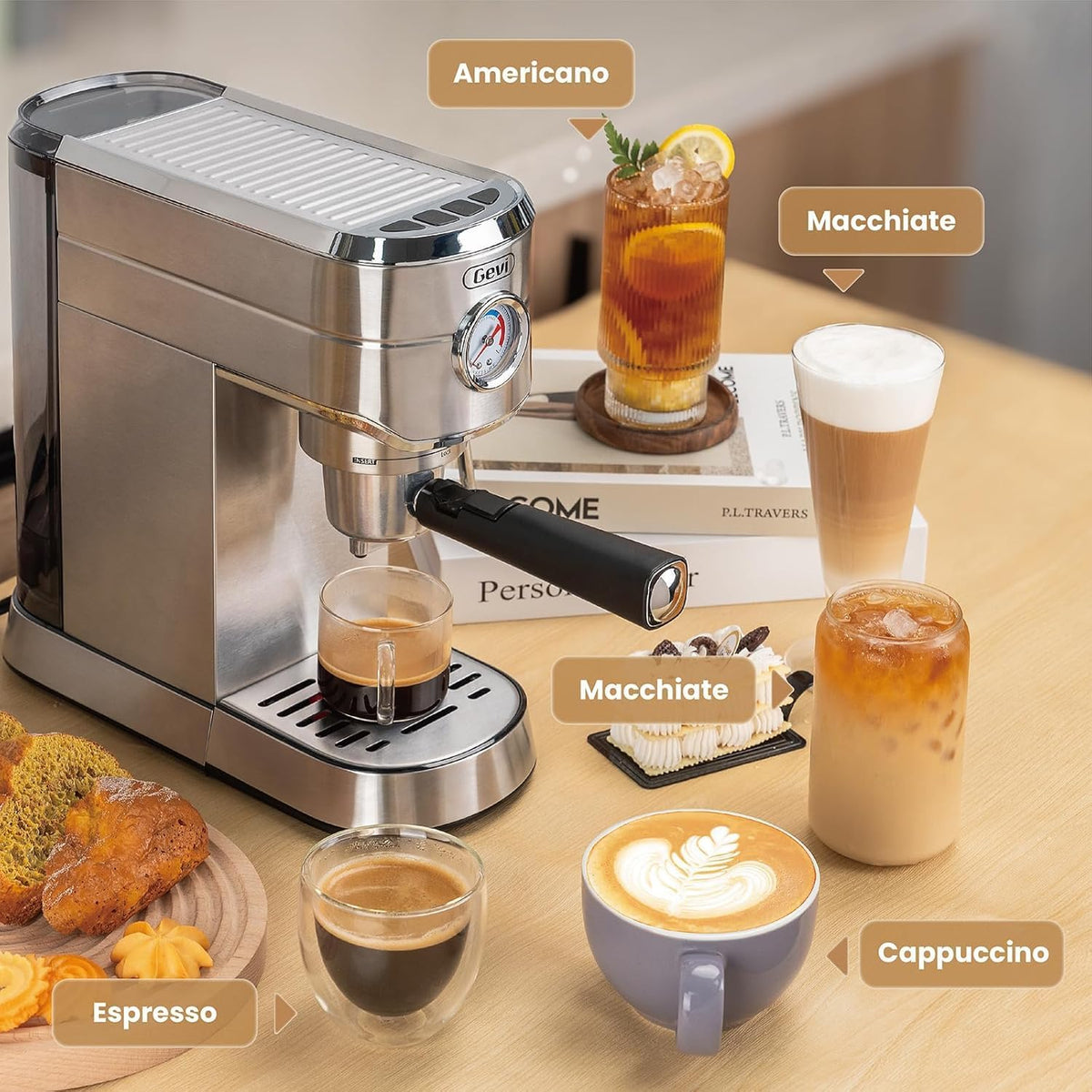 Gevi Espresso Machine 20 Bar with Portafilter for Nespresso Original Capsules and Coffee Powder, Professional Espresso Maker with Milk Frother for Cappuccino, Latte, Compact Espresso Coffee Machine