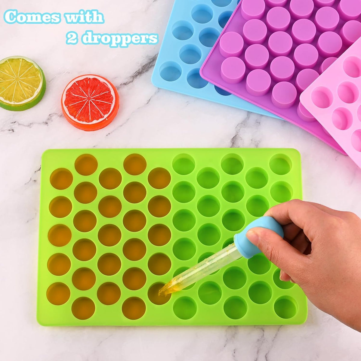 Sakolla Round Candy Molds Silicone, 220 Cavities Mini Cylinder Molds for Chocolate, Hard Candy, Gummy, Ganache, Ice Cubes, Set of 4 with 2 Droppers