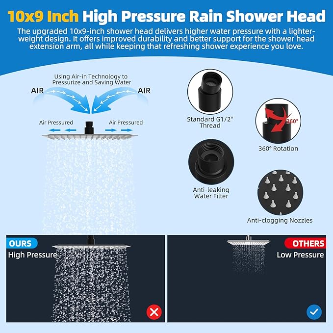 Hibbent All Metal Shower Head, 10'' High Pressure Rainfall Shower Head, Showerhead Combo, Handheld Shower Wand, 12'' Adjustable Curved Shower Extension Arm, 71'' Hose, Shower Head Holder, Matte Black