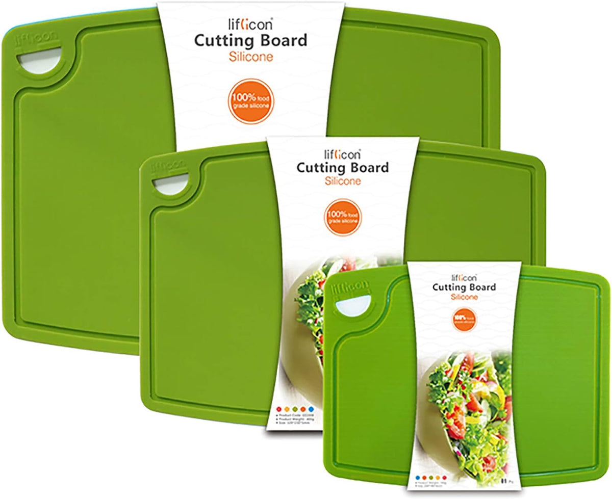 Silicone Thick Cutting Boards Mats Set of 3 Foldable & Flexible Design Juice Grooves Easy Grip Handle Dishwasher Safe for Kitchen,BPA free Silicone Cutting Board-Green