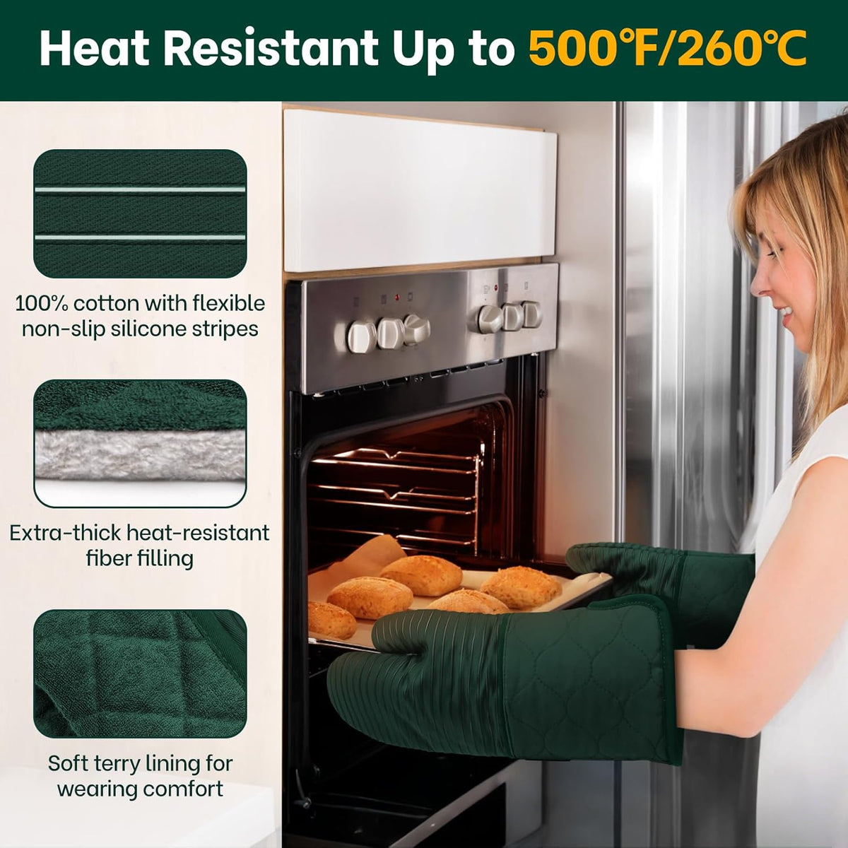 Beneno Kitchen Oven Mitts 2-Pack Heat Resistant to 500°F with Non-Slip Silicone Grip, Extra Long 14.3" Forearm Protection, Soft Quilted Cotton Terry Lining, Ideal for Cooking, Baking, Grilling, Green