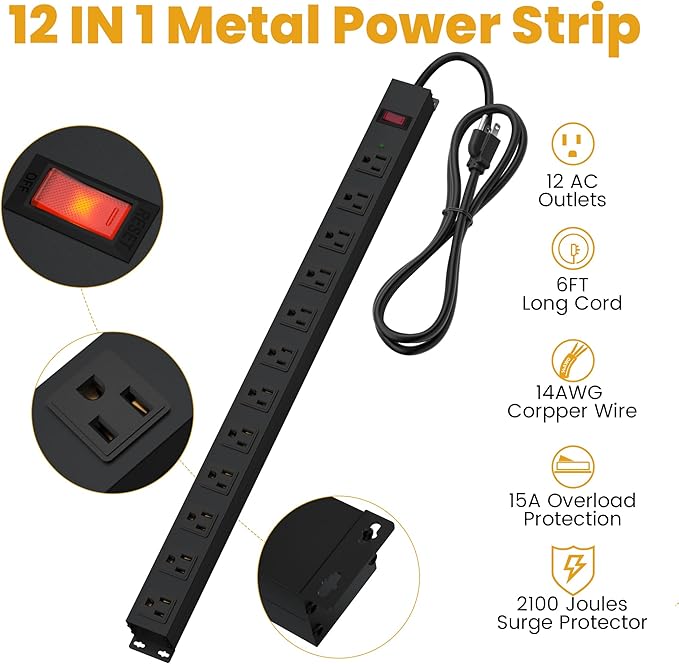 12 Outlet Long Power Strip Surge Protector with 2100 Joules, 6FT Power Cord, Wide Spaced Outlet Power Bar, Overload Protection Switch, Industrial Heavy Duty for Work Bench, Shop, Garage (Black),2 Pack