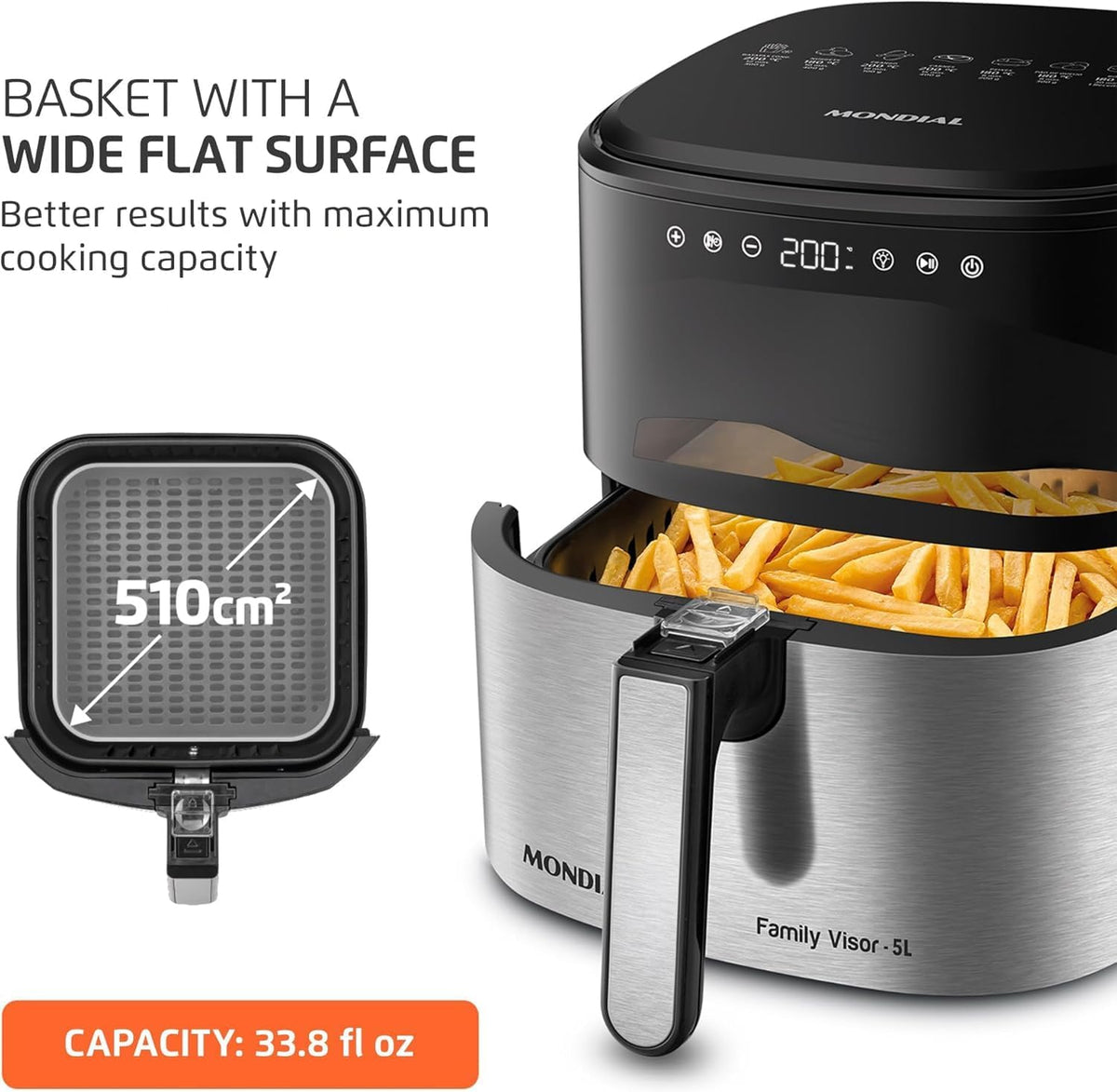 Air Fryer Digital Visor Inox 5.3QT Capacity - High Power & Elegant Stainless Steel Finish - Black & Inox