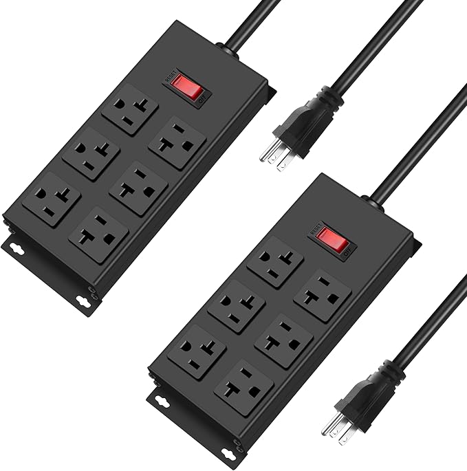 JUNNUJ 20 Amp Power Strip Heavy Duty 2 Pack, Garage 6 Outlets Metal 12 Gauge Surge Protector 3000J, High Amp 5-15P Adapter Shop 6-20R T-Slot Industrial (6AC 2-Pack, 4FT)