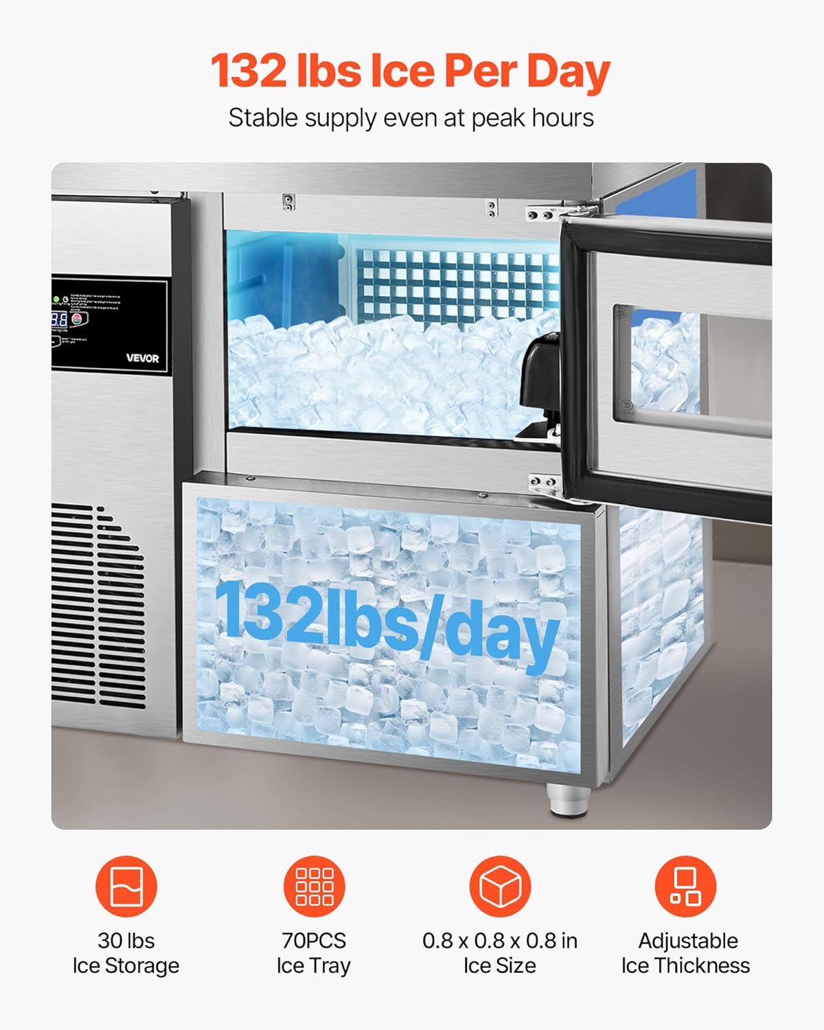 VEVOR Commercial Ice Maker Machine, 132 lbs/24H Stainless Steel Ice Machine with Worktop, 30 lbs Ice Storage Bin & Touch Screen, Self-Cleaning Freestanding Ice Making for Home Bar Restaurant Kitchen
