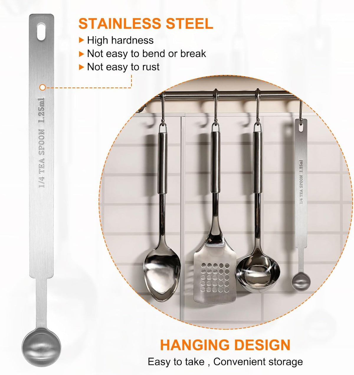 HARFINGTON Single Measuring Spoon 1/4tsp (1.25ml) Teaspoon/Tablespoon 430 Stainless Steel Single Tiny Square Bowl Measuring Spoon Long Handle Measure Scoop