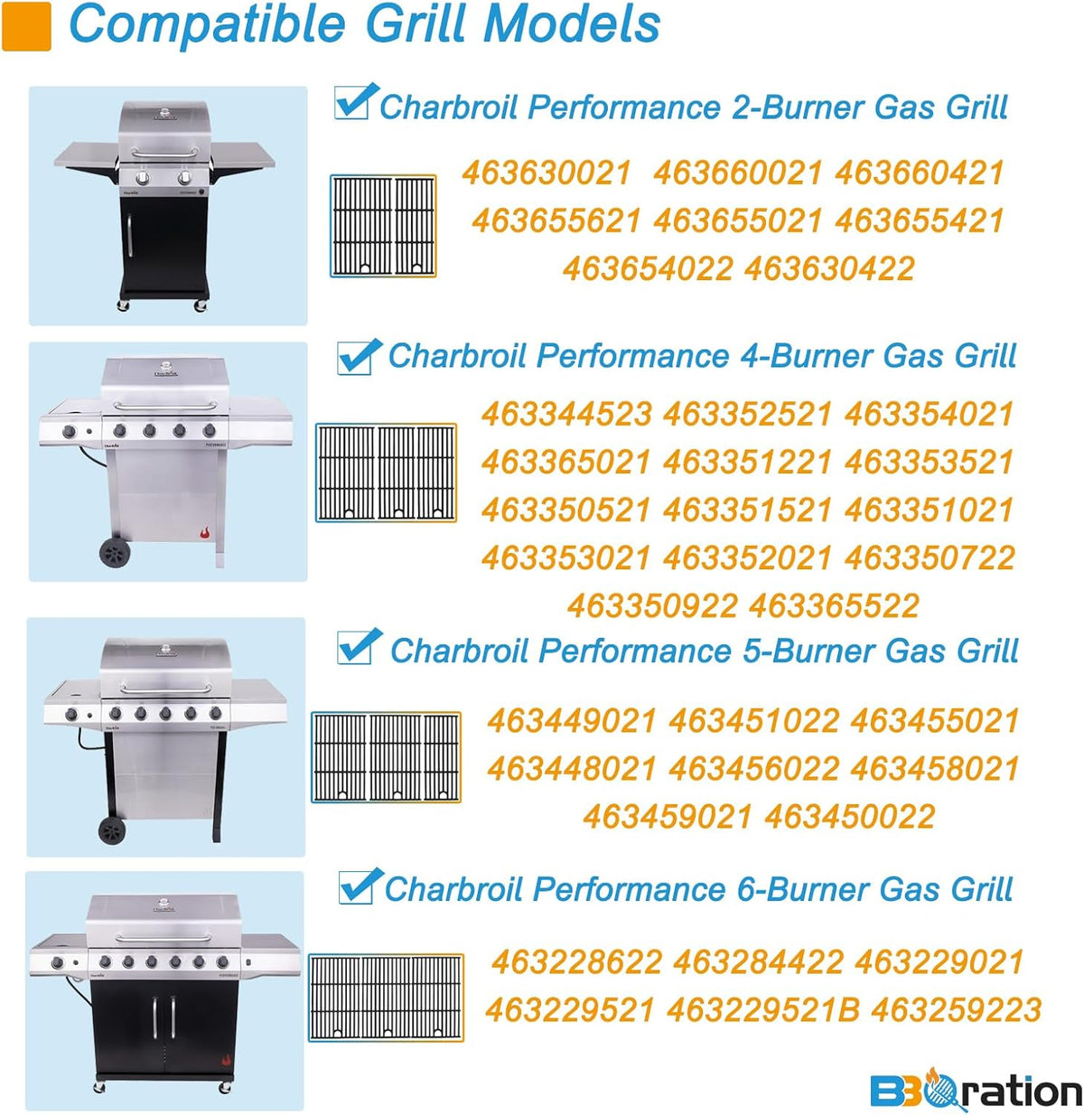 Grill Parts for Charbroil Performance 2-Burner 463630021 463660421 463655621 463630422 463654022, 17 inch Cooking Grate, Burner and Heat Plate Parts for Charbroil Grill Replacement Parts