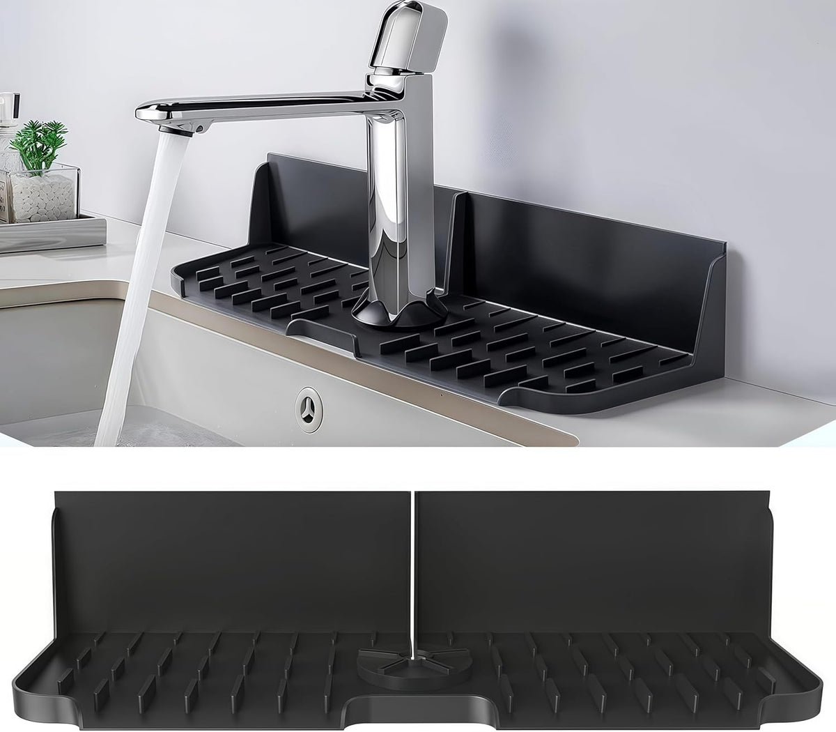 Silicone Kitchen Sink auto Drain Organizer, Kitchen countertop and Sink Splash Guard.Kitchen Sponge Rack and organizing Shelf，Suitable for Cleaning Tools, dispensers, Bottles, Cups (Black)