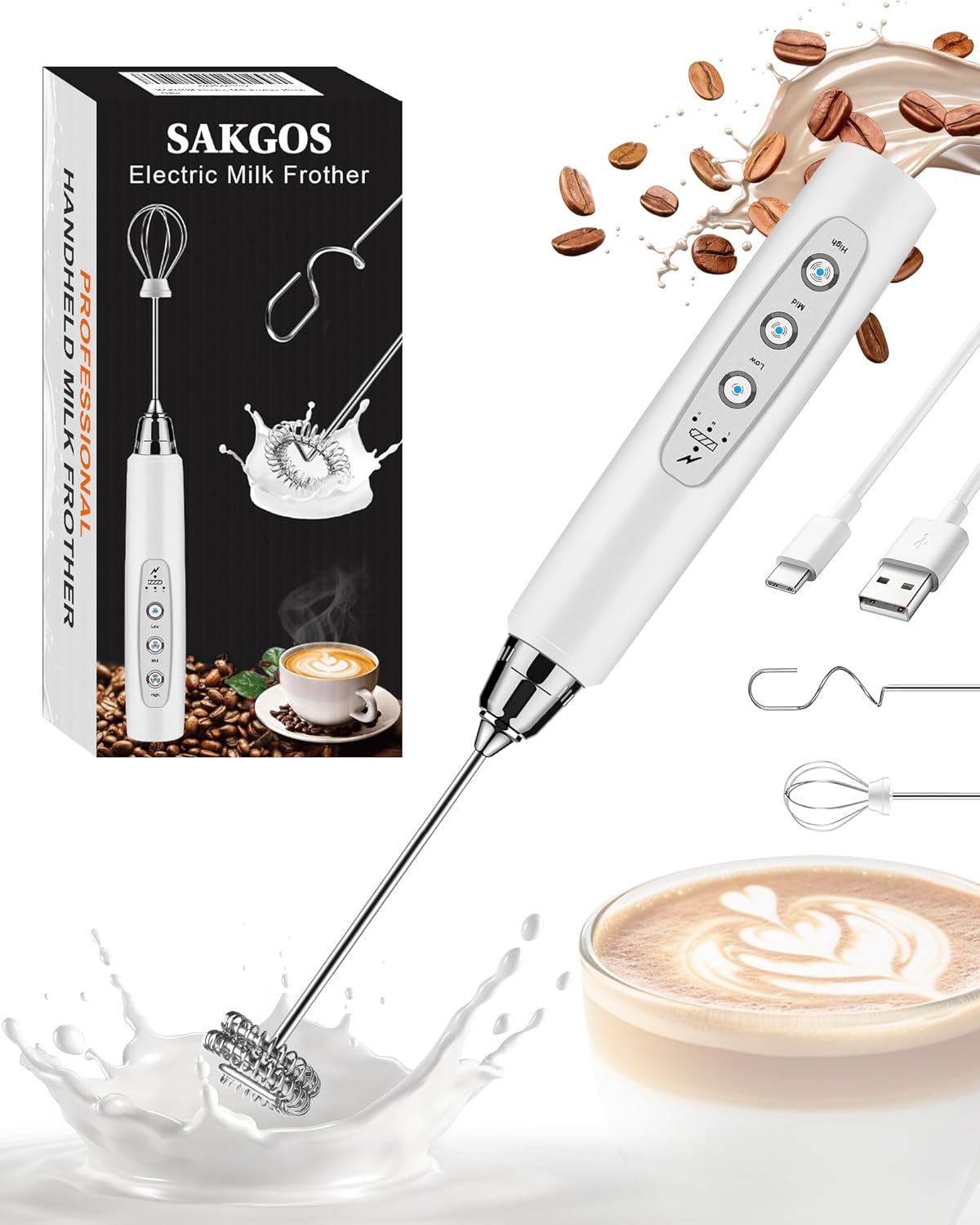Milk Frother Rechargeable Handheld-Electric Whisk 3 Speed Adjustable, Coffee Frother Wand with 3 Stainless Whisks, Electric Foam Maker, Drink Mixer Blender for Latte Cappuccino Matcha Egg