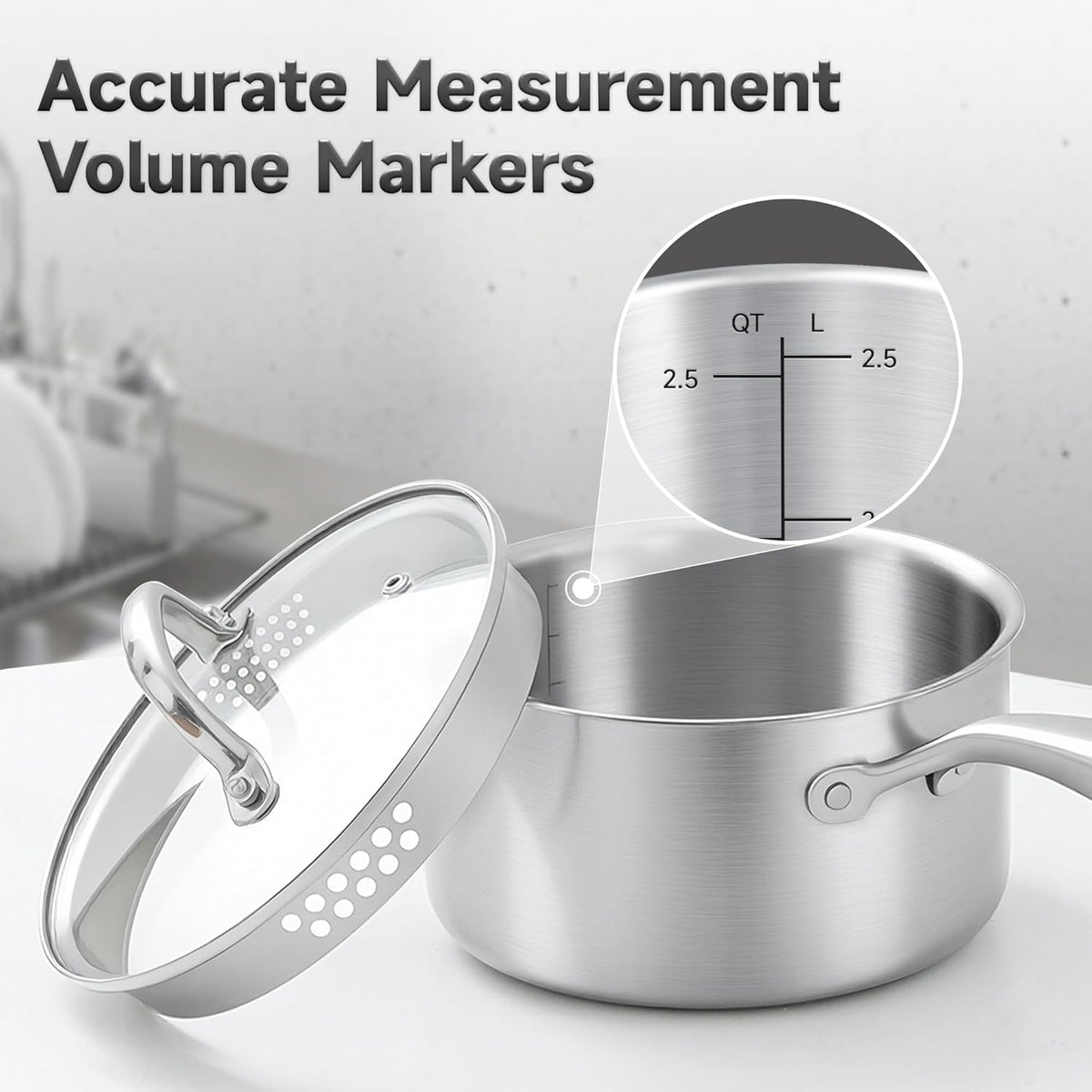 2.5 Quart Stainless Steel Saucepan with Glass Strainer Lid, Thicken Tri-ply Full Body, Multipurpose Sauce Pot with Two-Size Drainage Holes Lid, Perfect For Boiling Gravies, Pasta, Noodles
