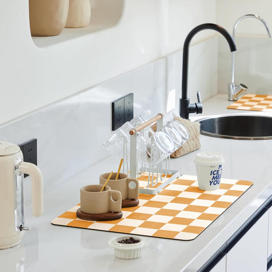 Checkered Dish Drying Mat for Kitchen Counter, Coffee Bar Station Accessories, Retro Cute Aesthetic Modern Absorbent Drainer Mat Kitchen Drying Mat Easy Clean, Orange 16" x 24"