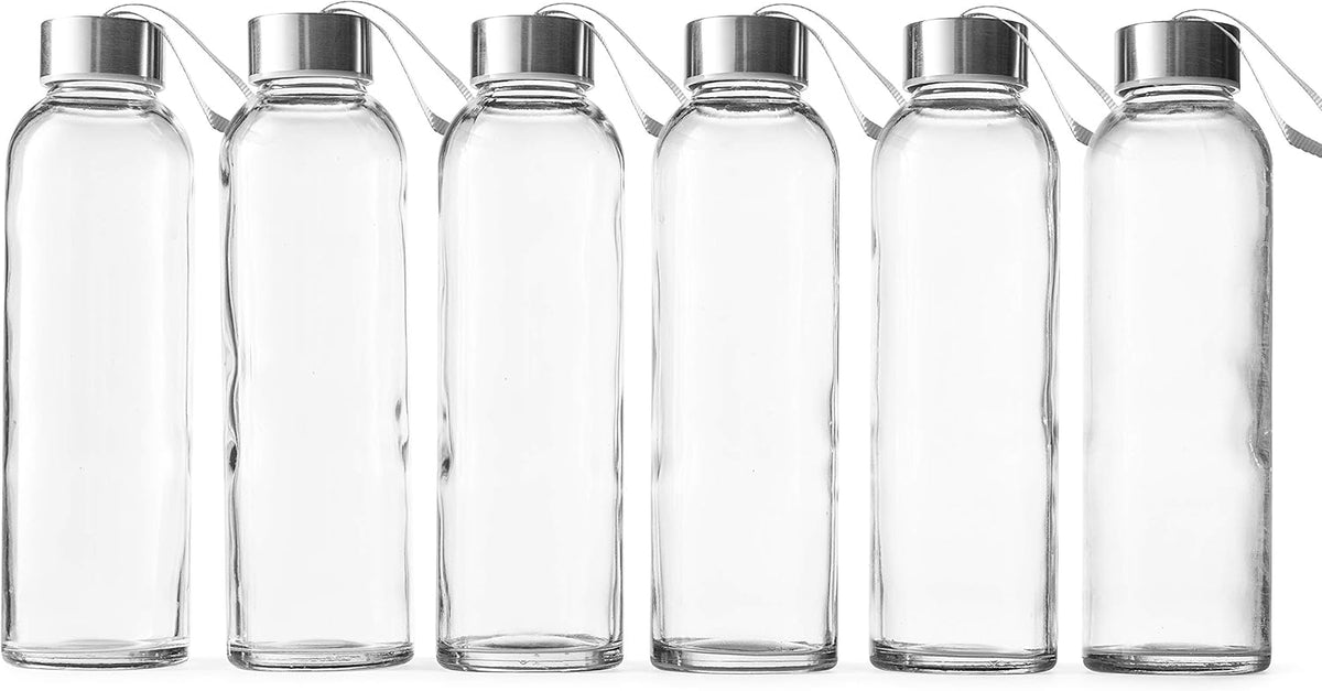 Epica glass bottles with lids – 18oz glass water bottles, reusable juice bottle with lids for storing juices, reusable water bottle durable set of 6 with Carrying Loop Caps
