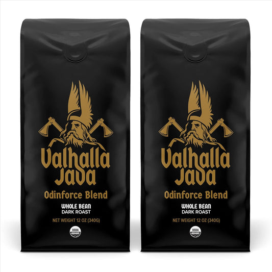 Death Wish Coffee, Valhalla Java Odinforce Blend - Whole Bean Dark Roast - Extra Kick of Caffeine - Arabica & Robusta Beans - 12 Ounce (Pack of 2)
