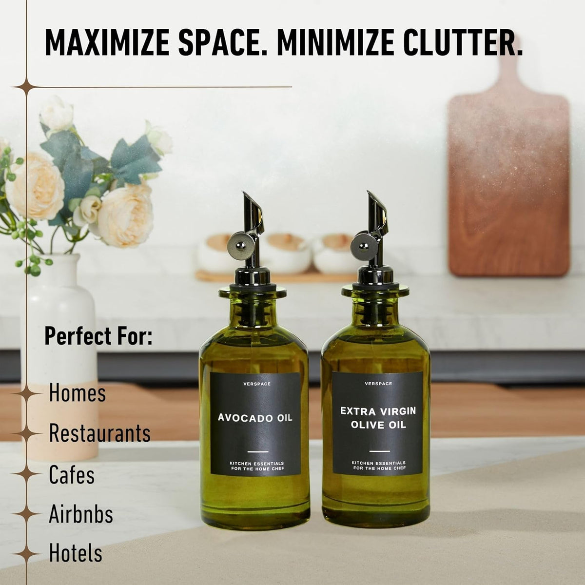 Green Glass Olive Oil Dispenser Bottle For Kitchen By Verpsace,Avocado Oil Dispenser Set, Modern Decor, Gold Kitchen Accessories for Home, Airbnb, Cafe (Black, Set of 2)