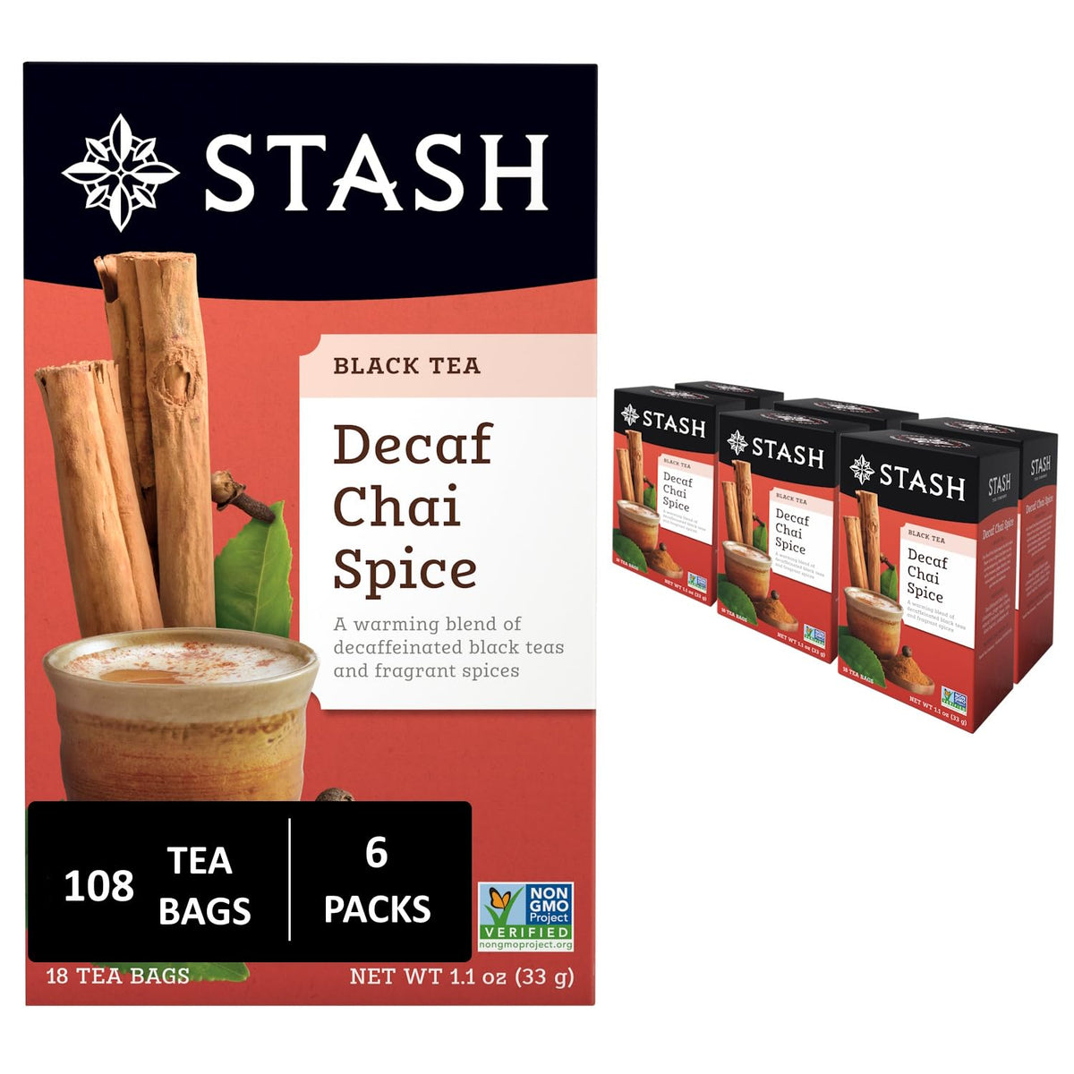 Stash Tea Decaf Chai Spice Black Tea - Decaf, Non-GMO Project Verified Premium Tea with No Artificial Ingredients, 18 Count (Pack of 6) - 108 Bags Total