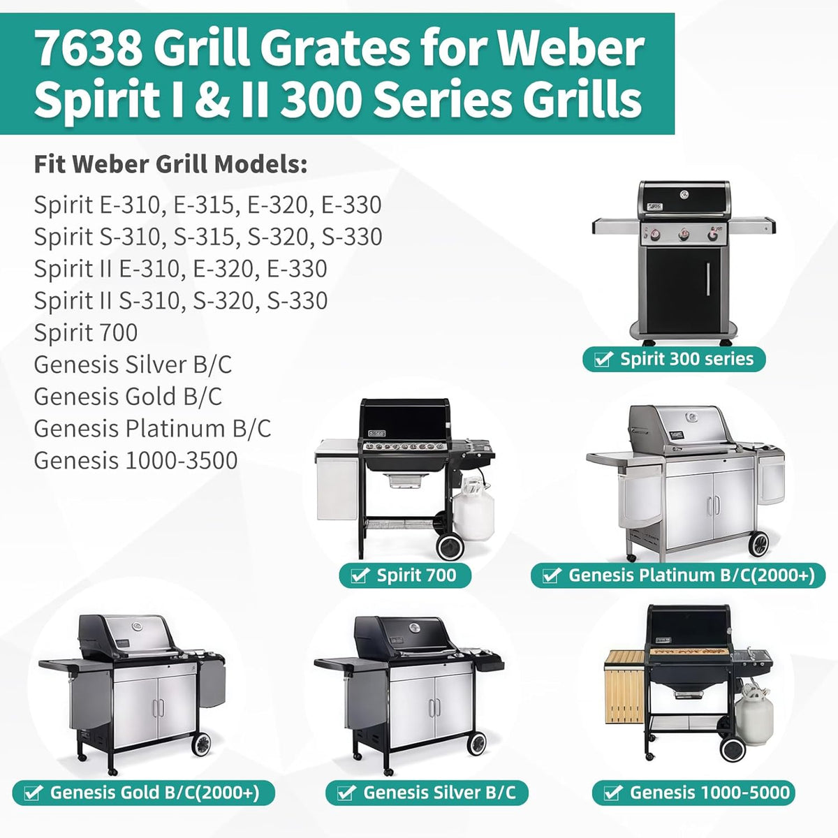 9MM 17.5" Stainless Steel Grill Grates for Weber Spirit E-310 E315 E320 E330 S310 S315 S330 GS4 Spirit 2 Grill Replacement Parts for Weber 7638, 7639 Spirit 300 Spirit II 300 Series Grills