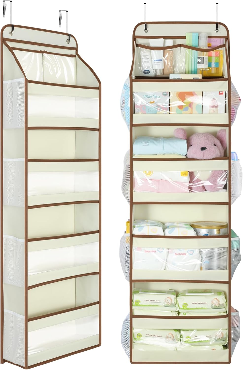 Yecaye 5 Tier 1Pc Over the Door Organizer, Swing-proof Door Organizer Hanging with Clear PVC Windows, Behind the Door Storage for Bedroom Nursery Closet Laundry Pantry Bathroom, Beige