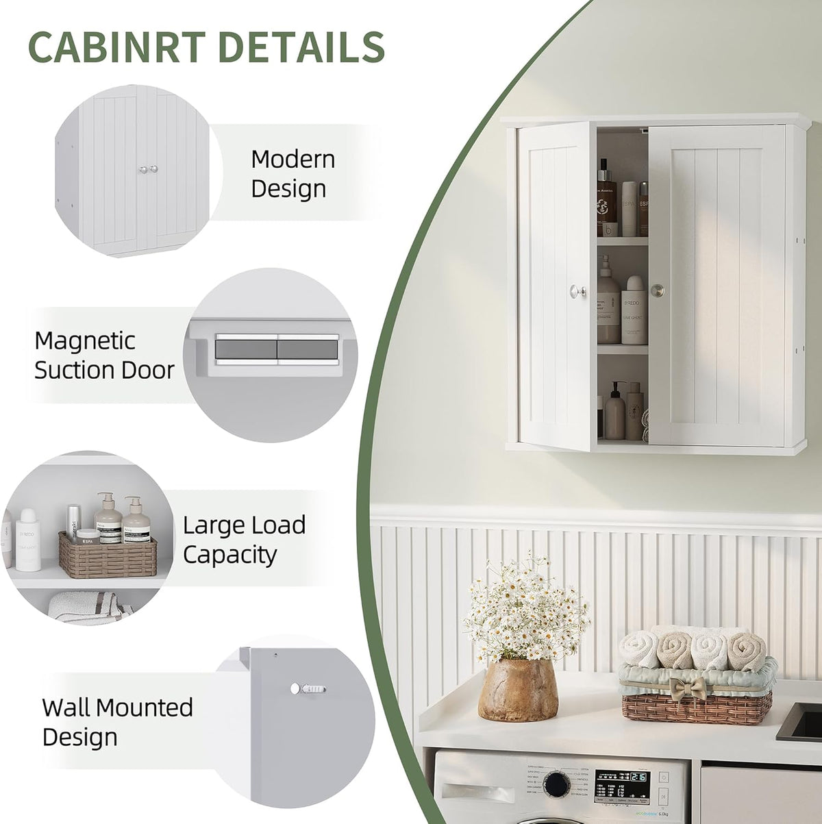 Meilocar Bathroom Wall Cabinet, Bathroom Cabinet Wall Mount, Over The Toilet Space Saver Storage Cabinets, White Medicine Cabinets with 2 Doors and Adjustable Shelves