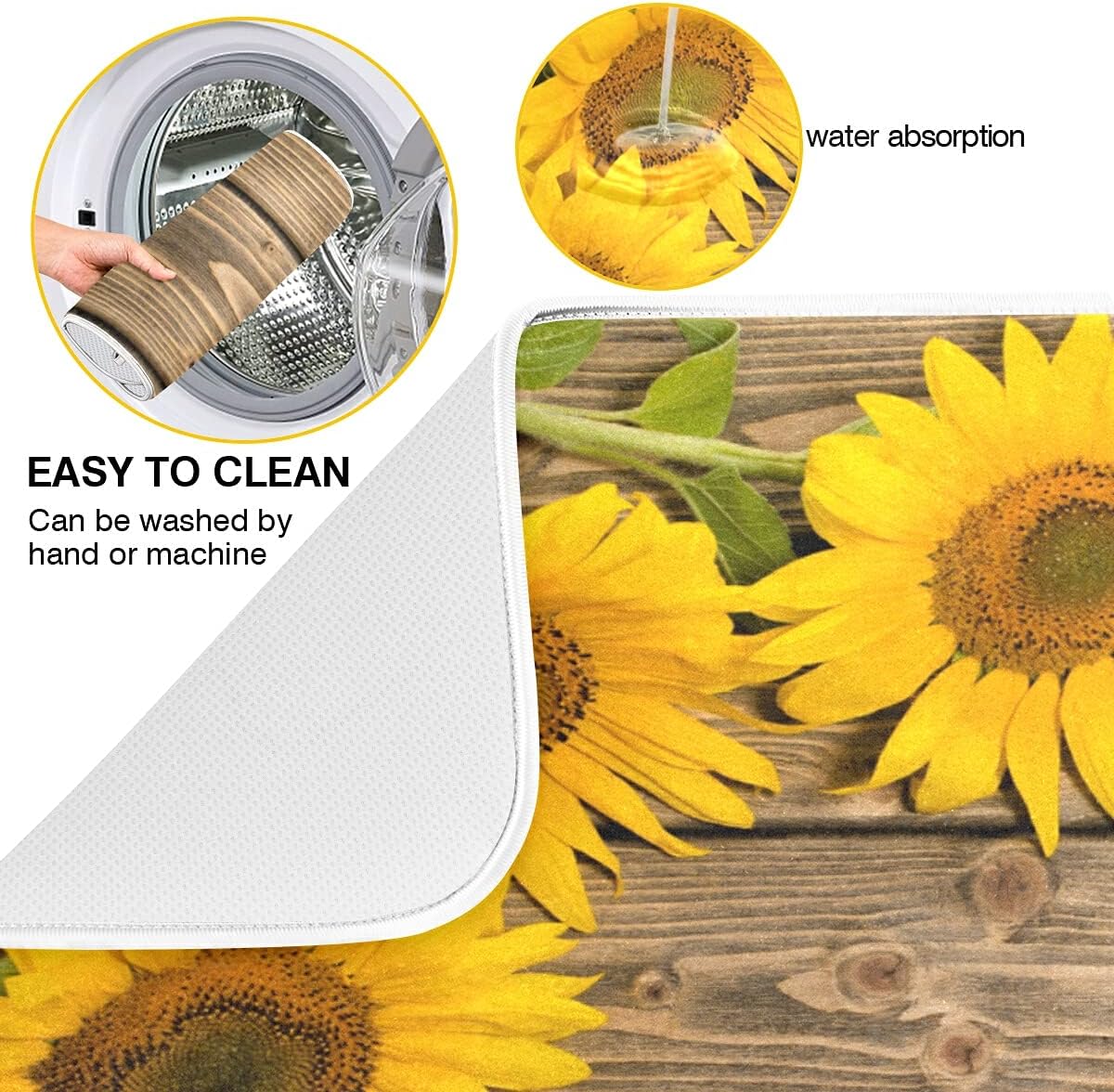 Super Absorbent Dish Drying Mat, Microfiber Fast-Drying Dish Mat, 24" x 18", Kitchen Dish Drying Pad, Sunflowers On The Wooden
