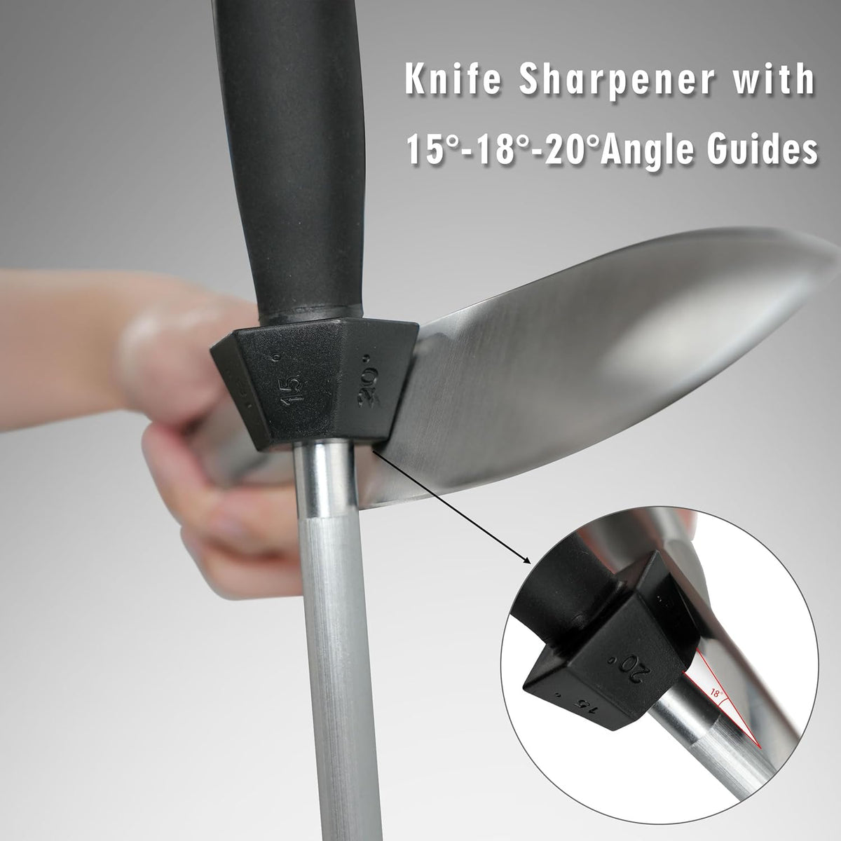 Knife Sharpener Knife Sharpening Rod Honing Steel with 15°-18°-20°Angle Guides Professional Carbon Steel with Black Rubber Grip for Kitchen Chef House Gift 12''
