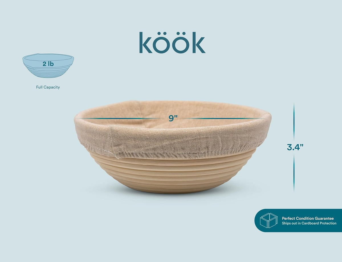 Kook Proofing Set, Sourdough Bread, 2 Rattan 9 Inch Banneton Baskets, 2 Basket Covers, Metal Scraper, Plastic Scraper, Scoring Lame, 5 Blades and Case, Baking Kit, Dough Bowls, Round Shape