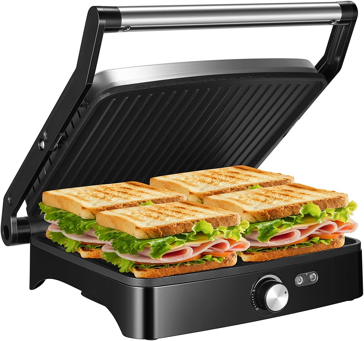 OSTBA Panini Press Grill Indoor Sandwich Maker with Temperature Setting, 4 Slice Large Non-stick Versatile Grill, Opens 180 Degrees to Fit Any Type or Size of Food, Removable Drip Tray, 1200 W