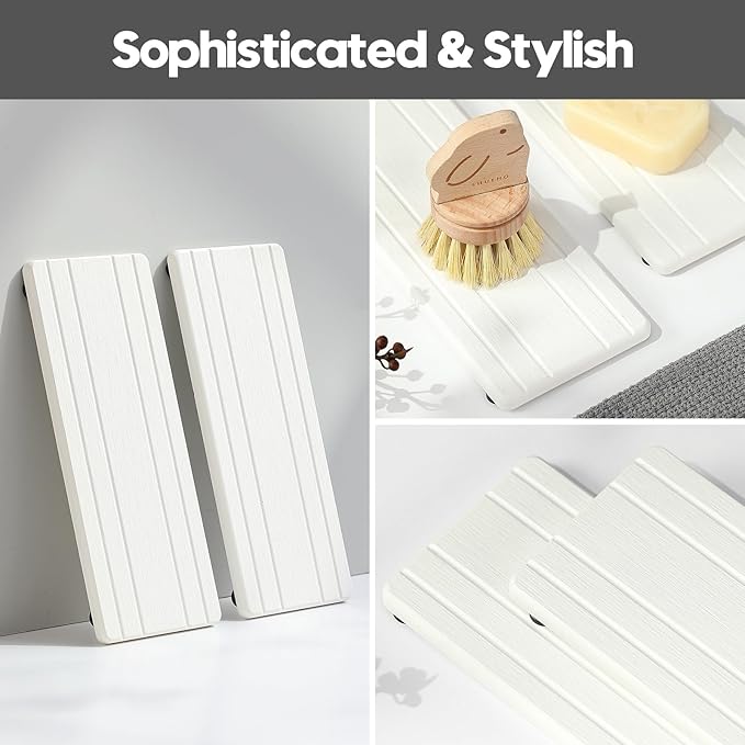 2PCS Diatomite Quick Stone Drying Tray Mat for Bathroom & Kitchen Counter, Instant Dry Water Absorbent Drink Bar Coaster,Vanity Sink Caddy Organizer,Dish Soap Sponge Holder, White,9"x3.5"