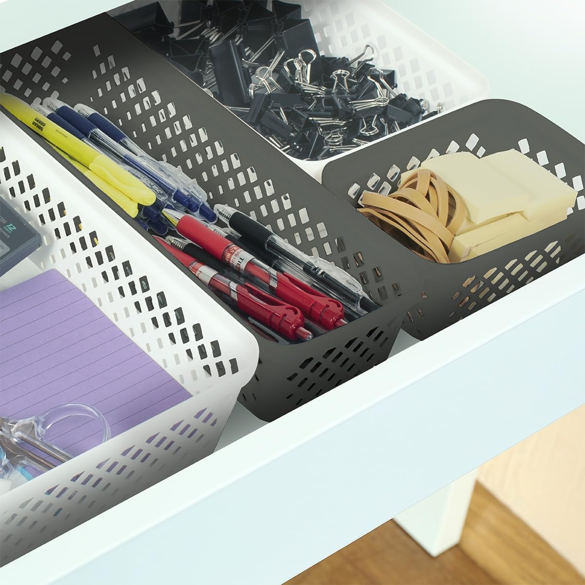 Glad Plastic Storage Basket Set - Multipurpose Drawer Trays, Kitchen Pantry Containers, and Bathroom Bins - 6 Pack Narrow Organizers, Grey