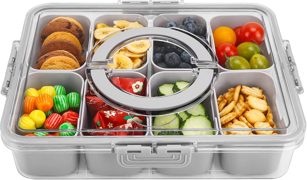 shopwithgreen Snackle Box Container, Divided Serving Tray with Lid and Handle for Party, Veggies, Fruit, Nuts, Food Tray Platter Charcuterie Snack Box Container for Entertaining, Picnic,Gray