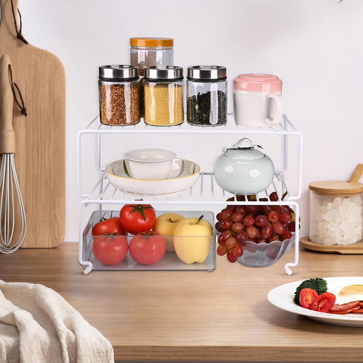 4-Pack Large (15.7x8.54inch) Multi-Level Organizer Rack, Kitchen Shelves for Spice Organization for Cabinet, Pantry Organizers and Storage, Wire Extra Shelf, Desk Organizer, Stackable, White