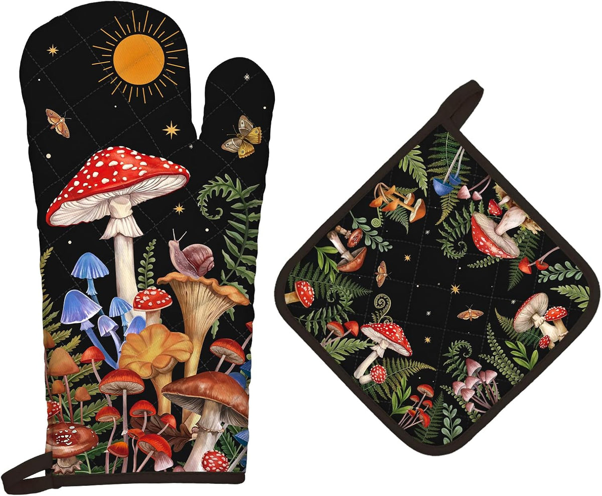 Mushroom Grass Oven Mitts and Pot Holders Sets 2Pcs, 100% Cotton Heat Resistant, Extra Long Oven Gloves Potholder for Kitchen Cooking Baking Decoration