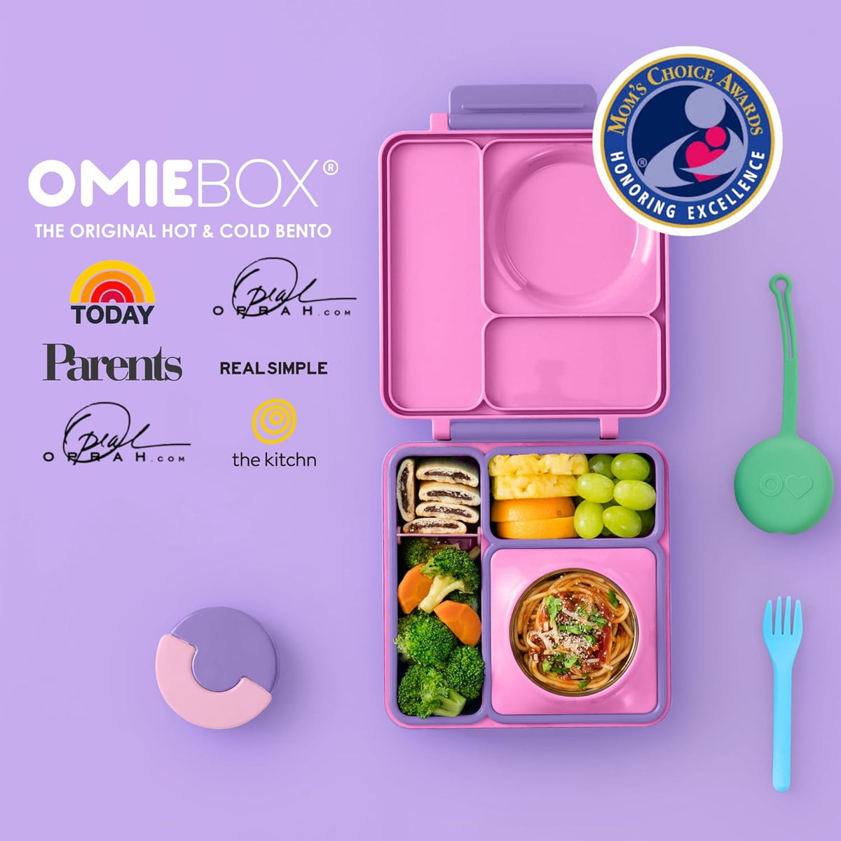 OmieBox Bento Box for Kids - Insulated Bento Lunch Box with Leak Proof Vacuum Insulated Food Jar - 3 Compartments, Two Temperature Zones (Unicorn Pink)