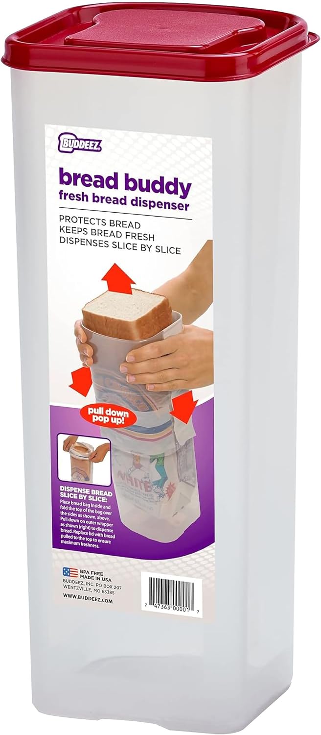 Buddeez Bread Buddy Bread Box – Keeps Bread Loaves Fresh - Red Lid, Pack of 1