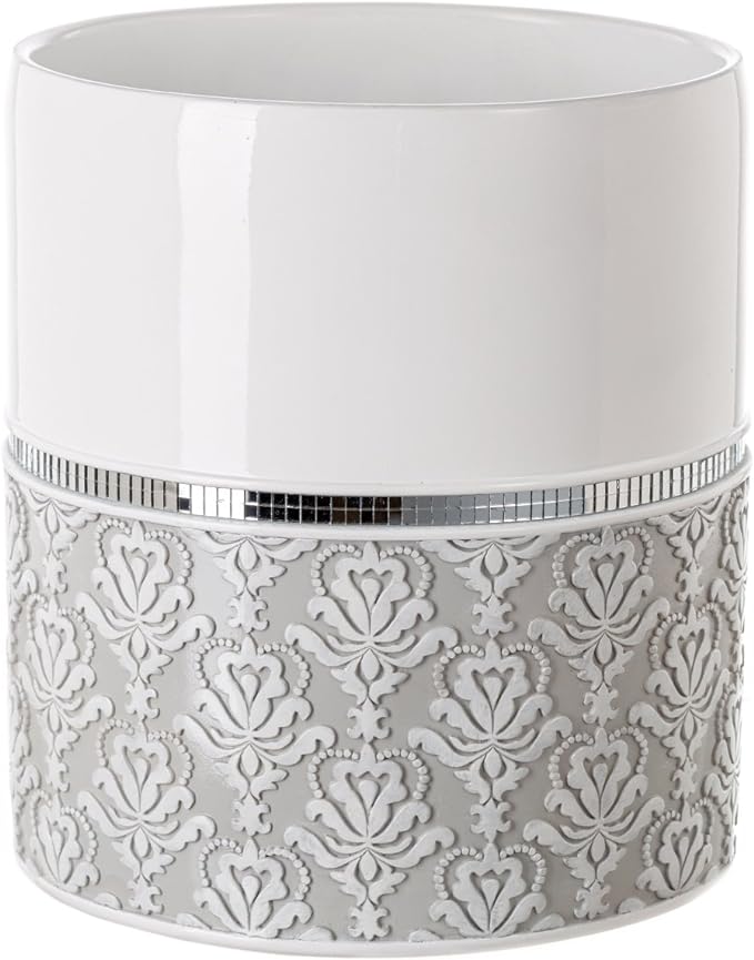 Creative Scents Mirror Damask White and Gray Bathroom Accessories Set - 6 Piece Bathroom Accessory Set Includes: Trash Can, Tissue Box Cover, Soap Dispenser, Soap Dish, Toothbrush Holder & Tumbler