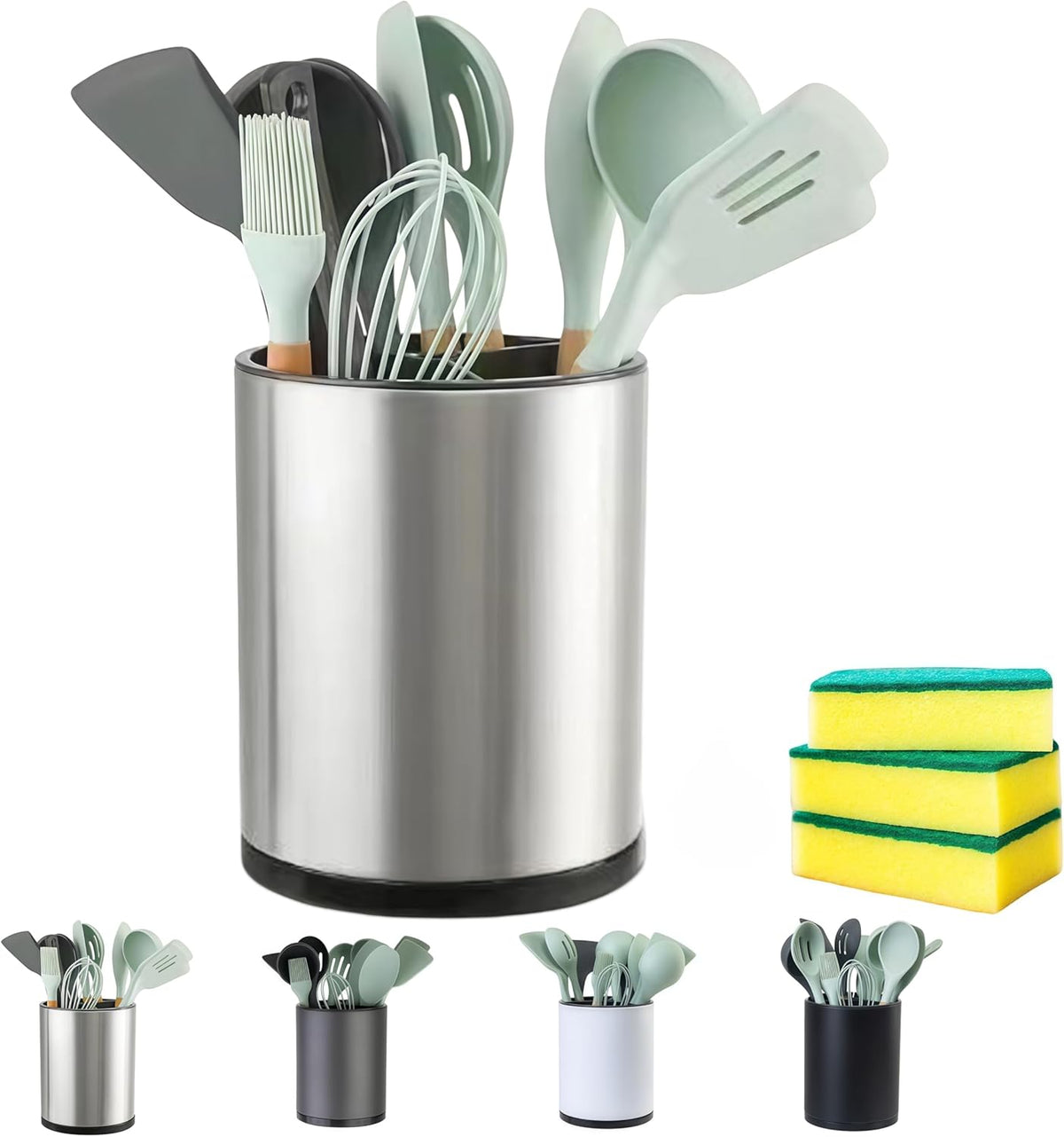 Utensil Holder,4-in-1 Large Kitchen Utensil Holder For Counter,Rotating Silverware Organizer Cooking Flatware Spoon Spatula Tool Cutlery Container Stainless Steel Caddy