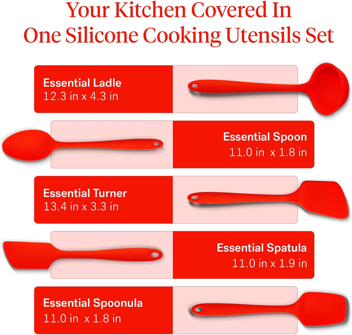 GIR: Get It Right 5-Piece Silicone Spatula & Utensil Set - Medium Fire Red - Kitchen Essentials with Heat-Resistant Non-Stick Tools - Dishwasher-Friendly