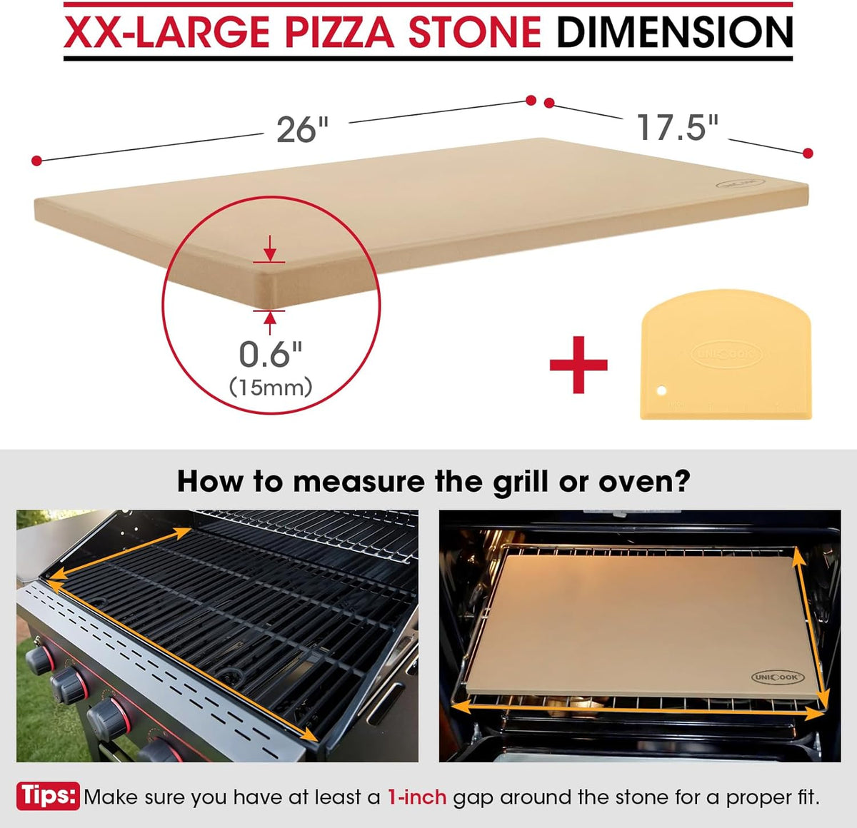 Unicook XX-Large Pizza Stone 26" x 17.5" x 0.6" for 36"/48" Home and Commercial Ovens, Rectangular Baking Stone, Ideal for Baking Crispy Pizzas, Bread and Cookies, Weighs 21 lbs, Does Not Fit 30"Ovens