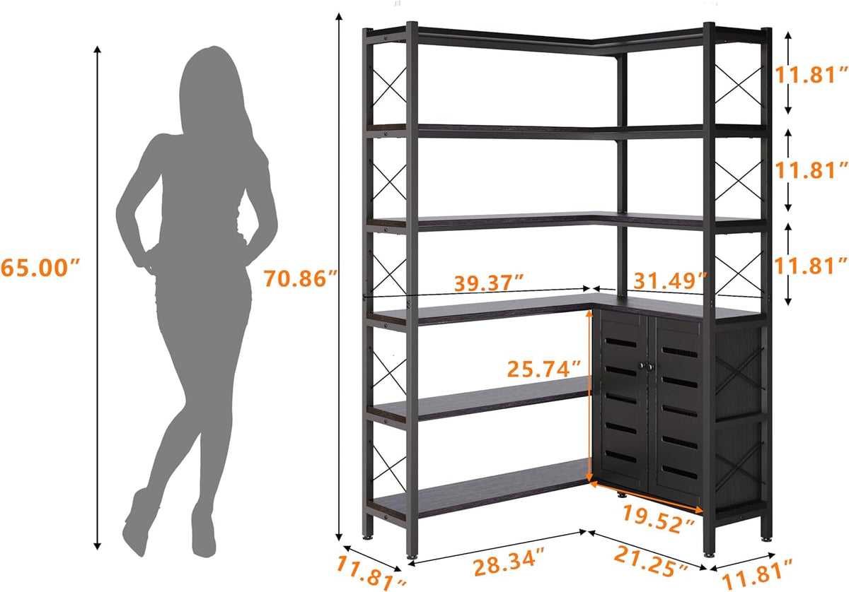 Corner Bookshelves and Bookcases Industrial Corner Etagere Bookcase L Shaped Shelf 6 Tiers with Metal Frame for Living Room Home Office