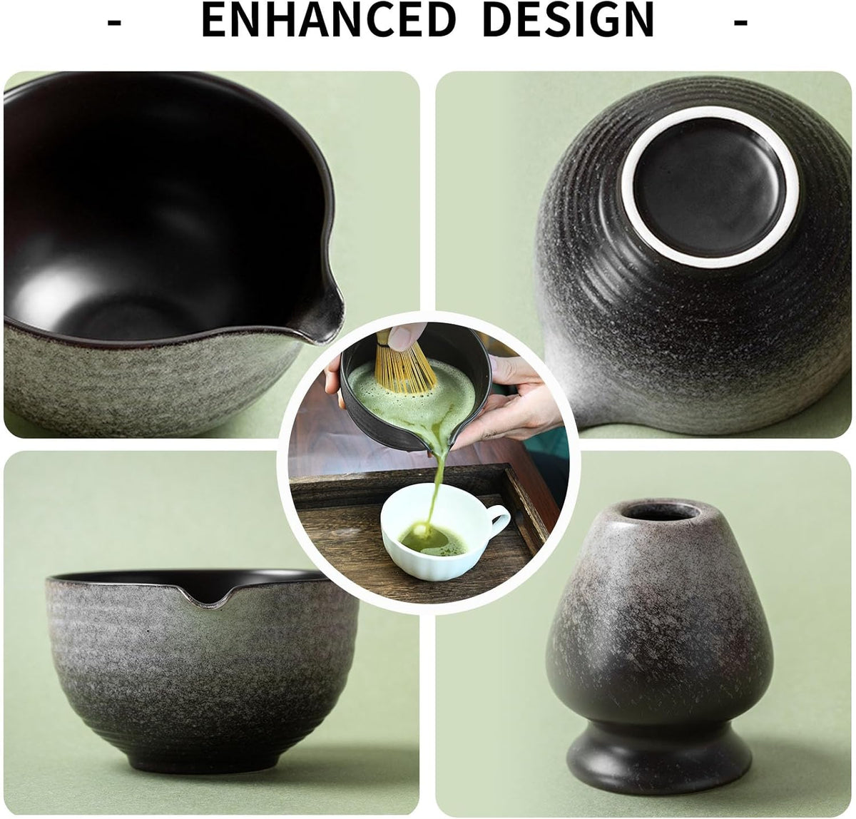 Matcha Whisk Set,Matcha Set Includes Ceramic Bowl with Spout,Stainless Sifter,Scoop,Whisk and Holder,Complete 5 Pcs Japanese Matcha Kit Making Tools,White
