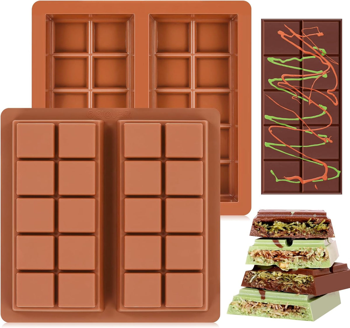 Dubai Chocolate Molds 1 Inch Deep, Silicone Chocolate Bar Mold – Non-Stick, Flexible, Large and Thick Homemade Chocolates, Candies, and Desserts - Set of 2