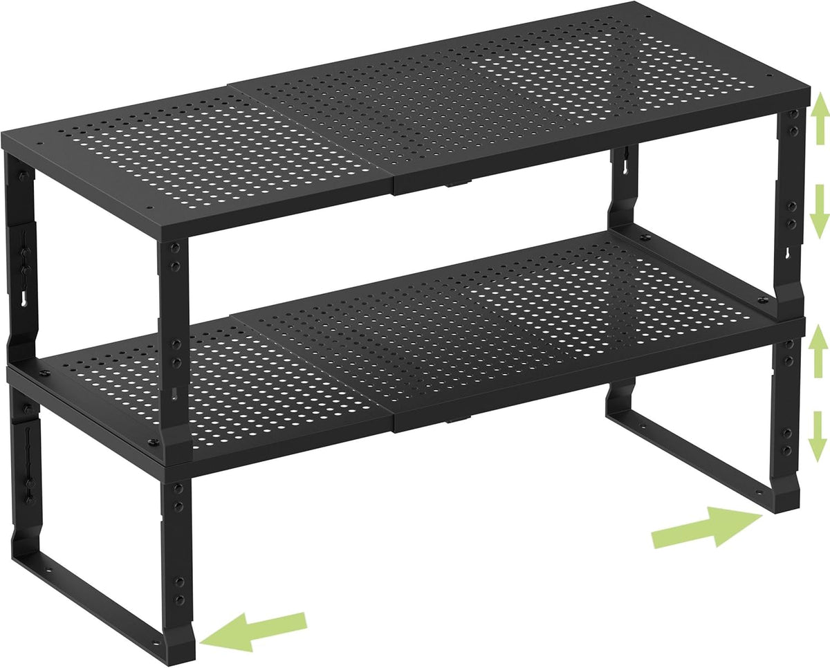 Heavy-Duty Adjustable Metal Shelf Organizer - Expandable & Stackable Pantry Storage Rack for Kitchen, Bathroom, RV, Cabinets(2 Packs/Black, Large)