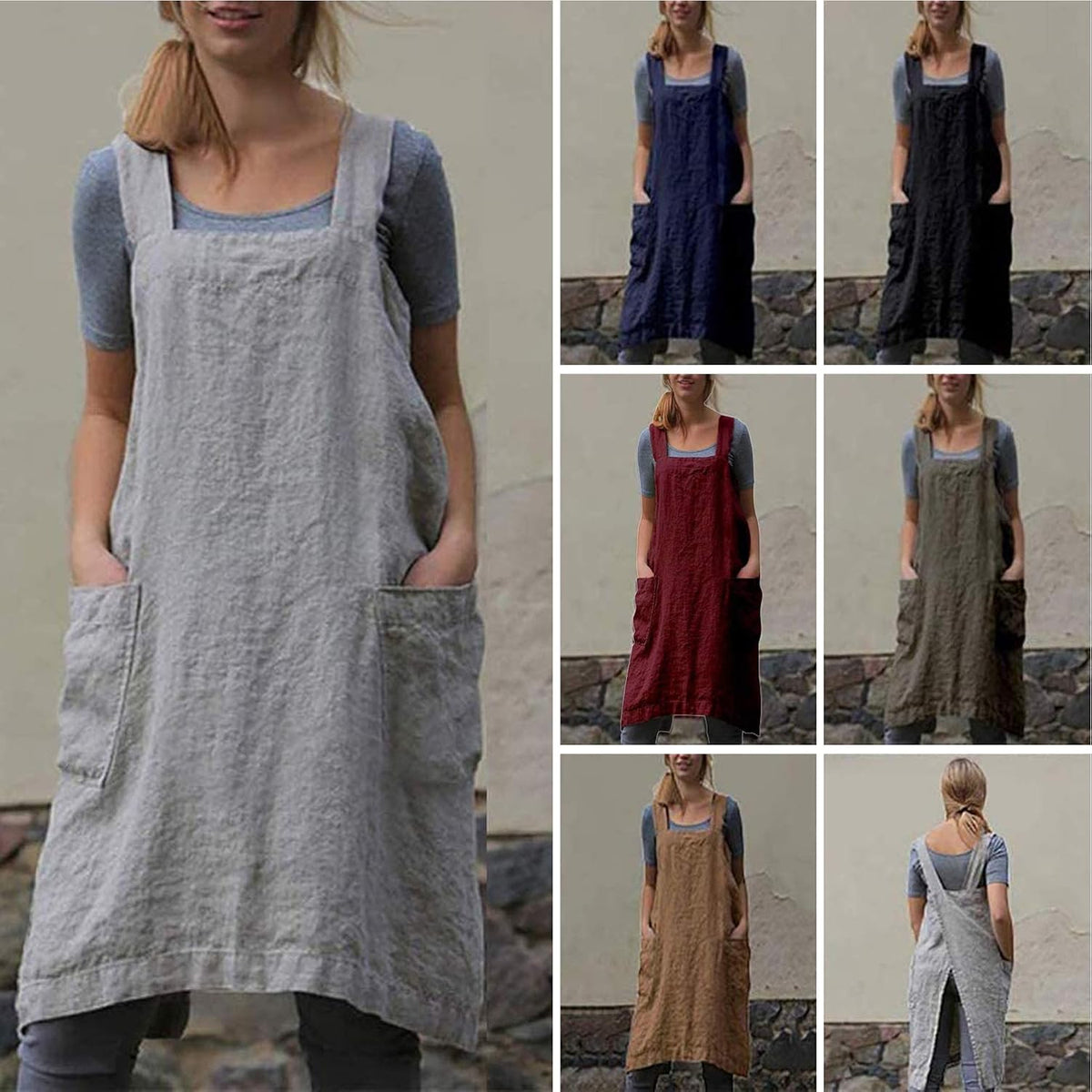 YESDOOD Apron for Womens Cotton Linen Apron Cross Back with Pockets Pinafore Dress for Baking Cooking