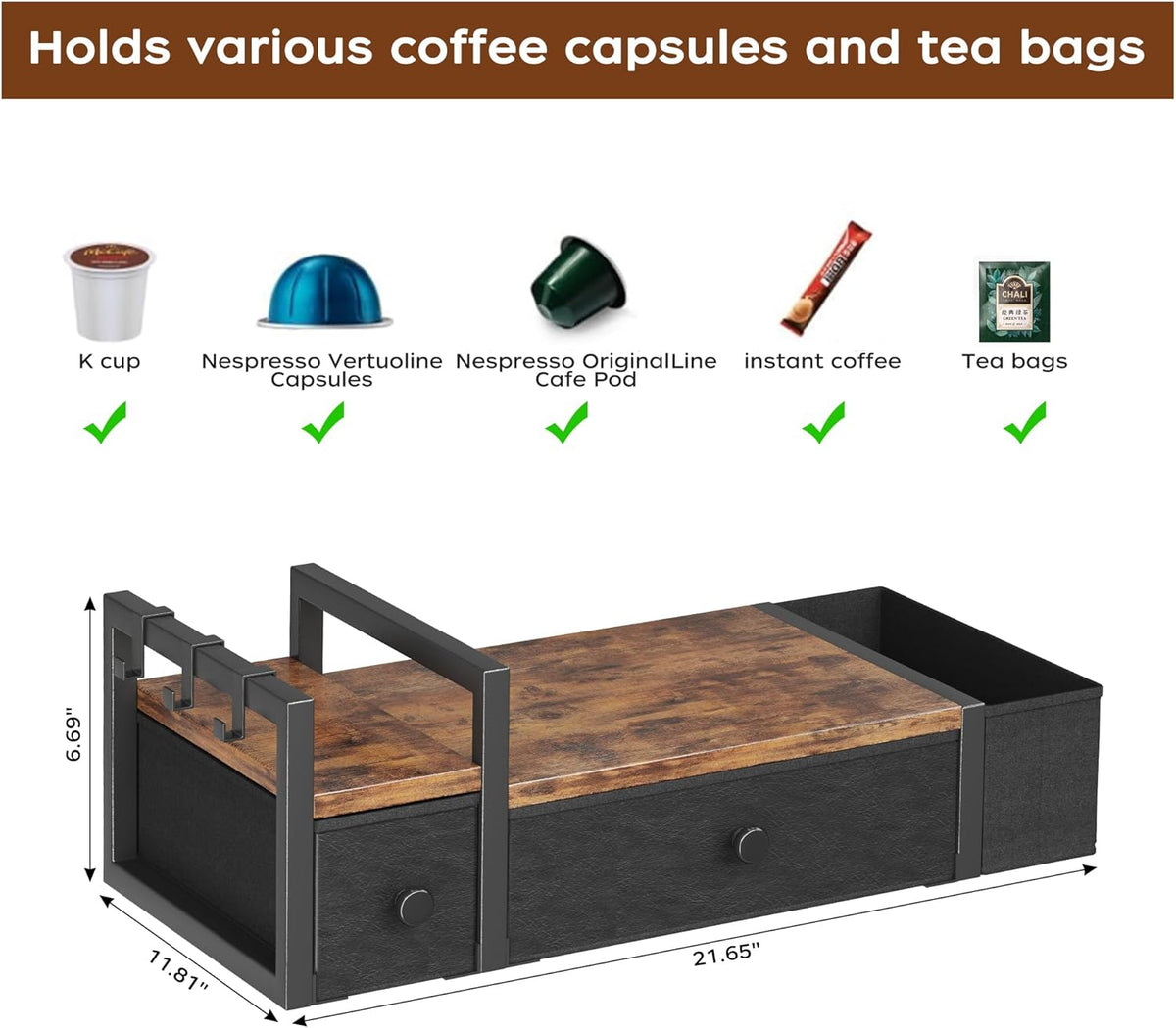 Homeiju Coffee Pod Drawers - K Cup Organizer, Nespresso Pods Holder with Mug Rack, Coffee Holder for Countertop, 52 Capacity Pods, Suitable for Kitchens, Offices and Coffee Bars（Patent Pending）