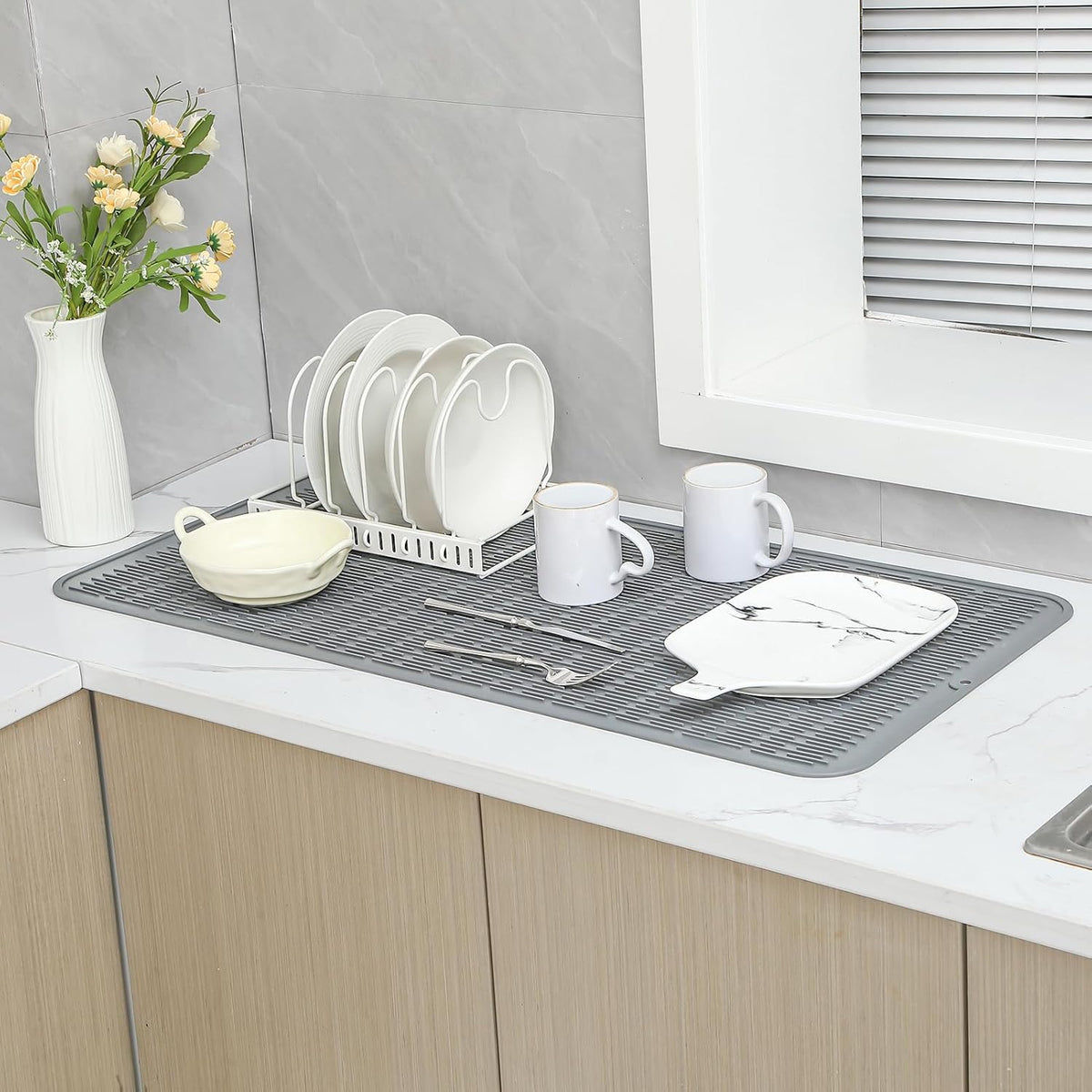 Silicone Dish Drying Mat for Multiple Usage,Easy clean,Eco-friendly,Heat-resistant Silicone Mat for Kitchen Counter or Sink,Refrigerator or Drawer Liner Grey 5XL 36inches x 18inches