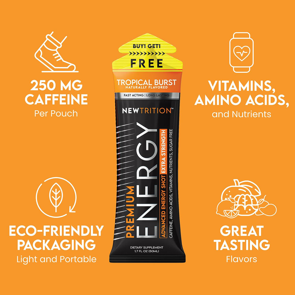 NewTrition® Extra Strength Energy Shots, 250mg Caffeine Energy Shots with Vitamin B & Amino Acids, Sugar-Free Vitamin Energy Shot, 1.7 fl oz (Pack of 24, Tropical Burst)